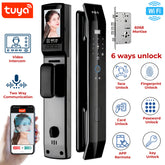 Smart door lock with Tuya branding and multiple unlock methods displayed.